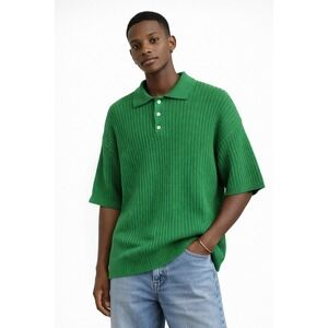 MEMENTO Korea Emerald Green Crochet Knit Short Sleeve Polo Sweater